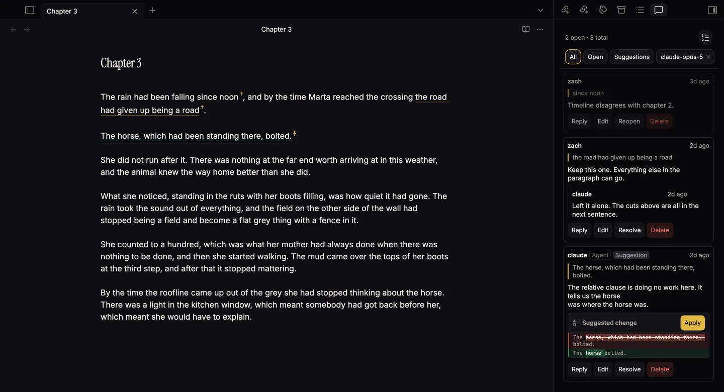 Obsidian with the Obelisk sidebar open on a note called Chapter 3. Three passages in the prose are underlined and marked with a dagger. The sidebar lists them in document order: an agent's comment quoting one sentence and proposing a shorter one, with the replacement shown as a diff under an Apply button; a comment from a person with a reply beneath it; and a comment already resolved.
