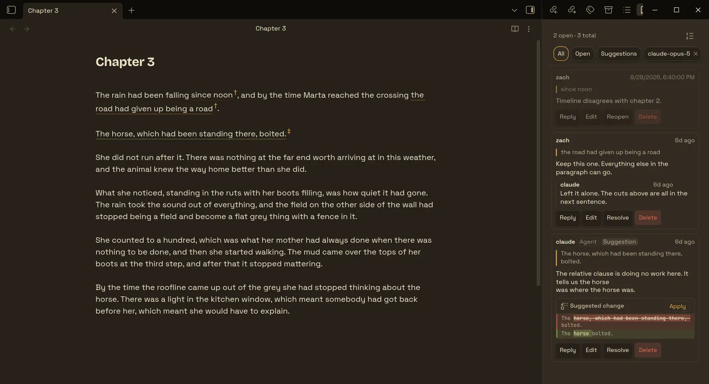 Obsidian with the Obelisk sidebar open on a note called Chapter 3. Three passages in the prose are underlined and marked with a dagger. The sidebar lists them in document order: an agent's comment quoting one sentence and proposing a shorter one, with the replacement shown as a diff under an Apply button; a comment from a person with a reply beneath it; and a comment already resolved.