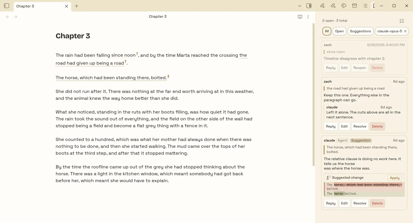Obsidian with the Obelisk sidebar open on a note called Chapter 3. Three passages in the prose are underlined and marked with a dagger. The sidebar lists them in document order: an agent's comment quoting one sentence and proposing a shorter one, with the replacement shown as a diff under an Apply button; a comment from a person with a reply beneath it; and a comment already resolved.
