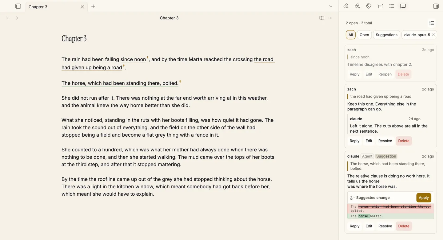 Obsidian with the Obelisk sidebar open on a note called Chapter 3. Three passages in the prose are underlined and marked with a dagger. The sidebar lists them in document order: an agent's comment quoting one sentence and proposing a shorter one, with the replacement shown as a diff under an Apply button; a comment from a person with a reply beneath it; and a comment already resolved.